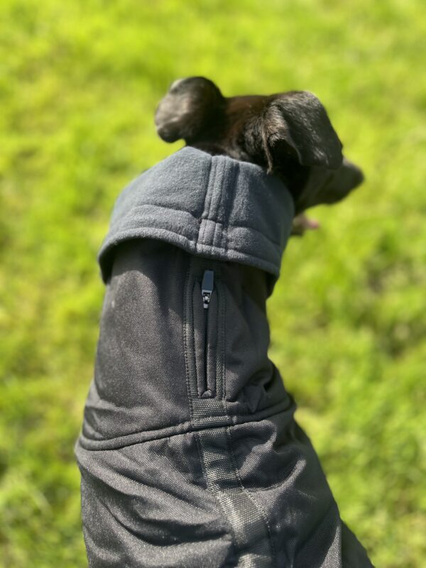 Showerproof Black Winter Coat With Snood Slit For Lead for